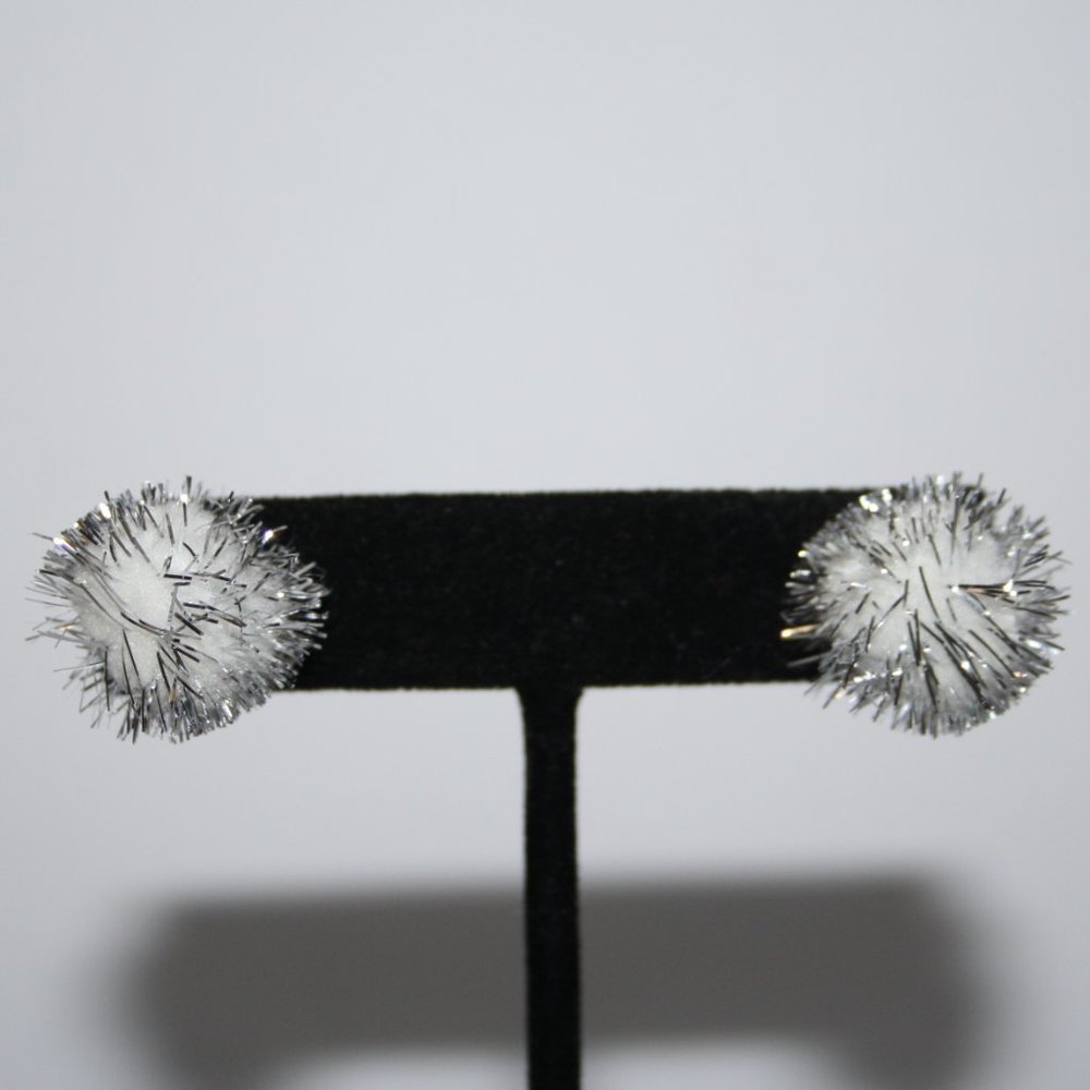 🤍✨ White + Silver Pom Pom Earrings · .75" · Pierced ✨🤍